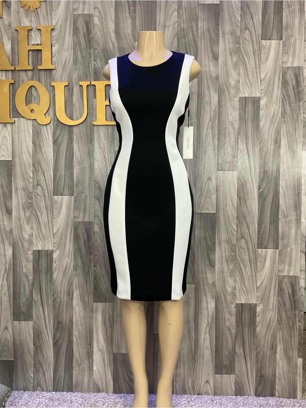 Calvin Klein Black and White Colorblock Midi Sheath Dress